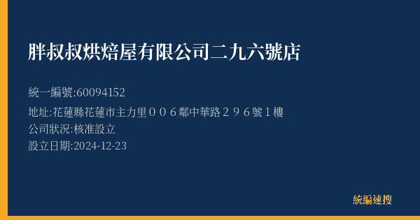 胖叔叔烘焙屋有限公司二九六號店的照片-統編 60094152(花蓮縣) 公司登記資料與營業項目詳細圖表