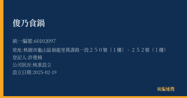 俊乃食鍋的照片-統編 60102097(桃園市) 公司登記資料與營業項目詳細圖表