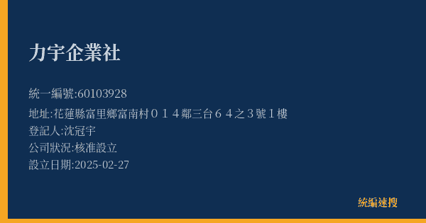 力宇企業社的照片-統編 60103928(花蓮縣) 公司登記資料與營業項目詳細圖表