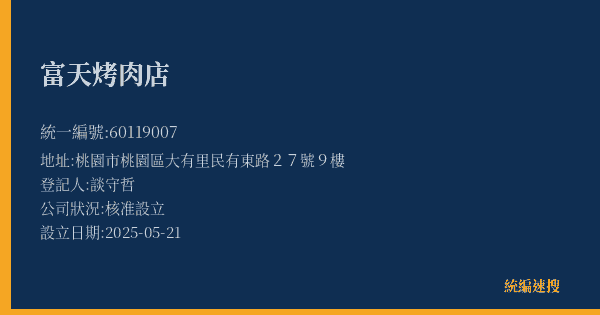富天烤肉店的照片-統編 60119007(桃園市) 公司登記資料與營業項目詳細圖表