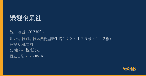 樂迎企業社的照片-統編 60123656(桃園市) 公司登記資料與營業項目詳細圖表