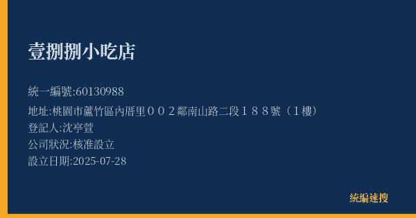 壹捌捌小吃店的照片-統編 60130988(桃園市) 公司登記資料與營業項目詳細圖表