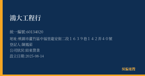 鴻大工程行的照片-統編 60134020(桃園市) 公司登記資料與營業項目詳細圖表