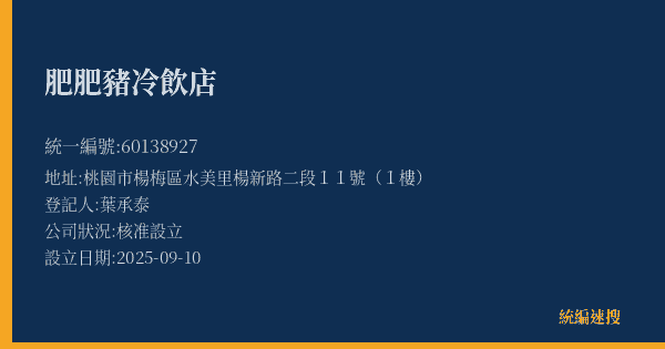 肥肥豬冷飲店的照片-統編 60138927(桃園市) 公司登記資料與營業項目詳細圖表