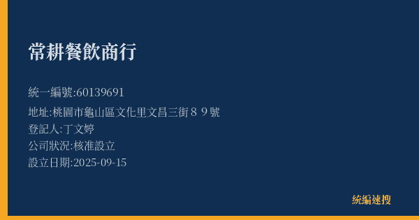 常耕餐飲商行的照片-統編 60139691(桃園市) 公司登記資料與營業項目詳細圖表