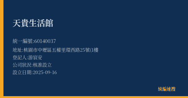 天貴生活館的照片-統編 60140037(桃園市) 公司登記資料與營業項目詳細圖表