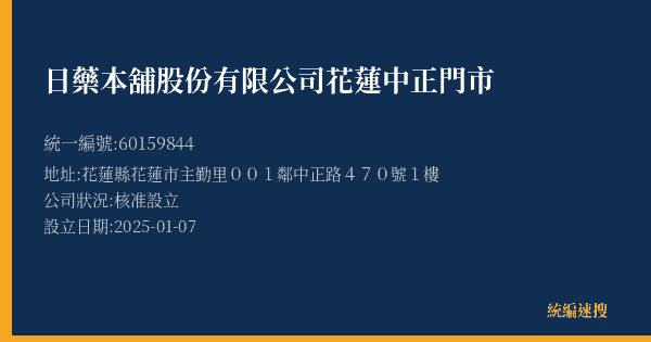 日藥本舖股份有限公司花蓮中正門市的照片-統編 60159844(花蓮縣) 公司登記資料與營業項目詳細圖表