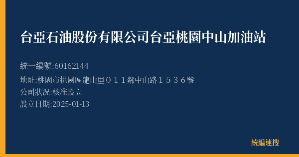 台亞石油股份有限公司台亞桃園中山加油站的照片-統編 60162144(桃園市) 公司登記資料與營業項目詳細圖表