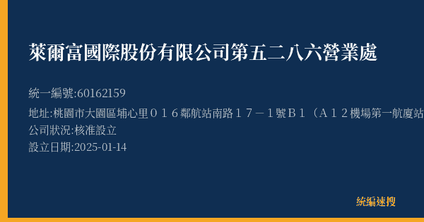萊爾富國際股份有限公司第五二八六營業處的照片-統編 60162159(桃園市) 公司登記資料與營業項目詳細圖表