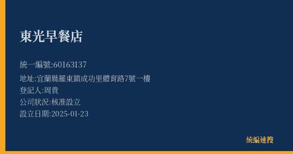 東光早餐店的照片-統編 60163137(宜蘭縣) 公司登記資料與營業項目詳細圖表
