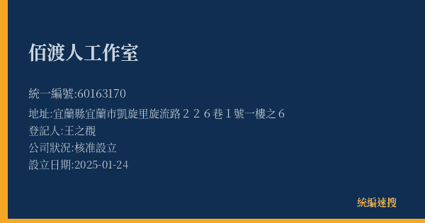 佰渡人工作室的照片-統編 60163170(宜蘭縣) 公司登記資料與營業項目詳細圖表