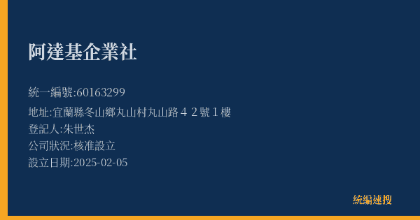 阿達基企業社的照片-統編 60163299(宜蘭縣) 公司登記資料與營業項目詳細圖表