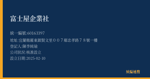 富士屋企業社的照片-統編 60163397(宜蘭縣) 公司登記資料與營業項目詳細圖表