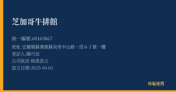 芝加哥牛排館的照片-統編 60165867(宜蘭縣) 公司登記資料與營業項目詳細圖表