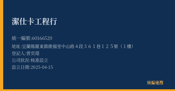 潔仕卡工程行的照片-統編 60166520(宜蘭縣) 公司登記資料與營業項目詳細圖表