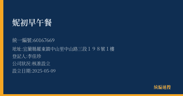 妮初早午餐的照片-統編 60167669(宜蘭縣) 公司登記資料與營業項目詳細圖表