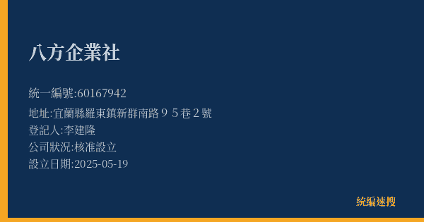 八方企業社的照片-統編 60167942(宜蘭縣) 公司登記資料與營業項目詳細圖表