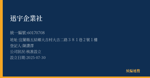 迅宇企業社的照片-統編 60170708(宜蘭縣) 公司登記資料與營業項目詳細圖表
