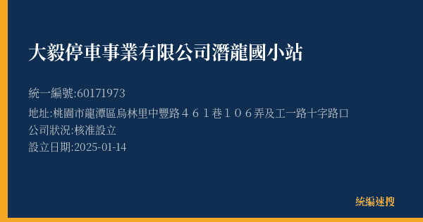 大毅停車事業有限公司潛龍國小站的照片-統編 60171973(桃園市) 公司登記資料與營業項目詳細圖表