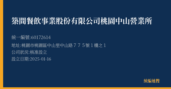 築間餐飲事業股份有限公司桃園中山營業所的照片-統編 60172614(桃園市) 公司登記資料與營業項目詳細圖表