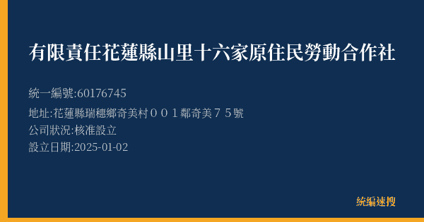 有限責任花蓮縣山里十六家原住民勞動合作社的照片-統編 60176745(花蓮縣) 公司登記資料與營業項目詳細圖表
