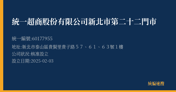 統一超商股份有限公司新北市第二十二門市的照片-統編 60177955(新北市) 公司登記資料與營業項目詳細圖表