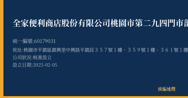 全家便利商店股份有限公司桃園市第二九四門市部的照片-統編 60179031(桃園市) 公司登記資料與營業項目詳細圖表