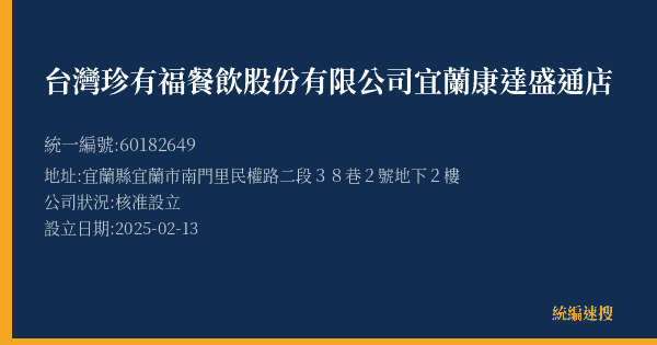 台灣珍有福餐飲股份有限公司宜蘭康達盛通店的照片-統編 60182649(宜蘭縣) 公司登記資料與營業項目詳細圖表