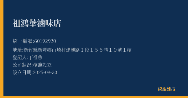 祖鴻華滷味店的照片-統編 60192920(新竹縣) 公司登記資料與營業項目詳細圖表