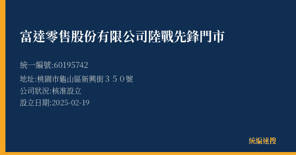 富達零售股份有限公司陸戰先鋒門市的照片-統編 60195742(桃園市) 公司登記資料與營業項目詳細圖表