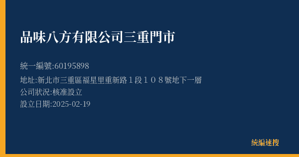 品味八方有限公司三重門市的照片-統編 60195898(新北市) 公司登記資料與營業項目詳細圖表