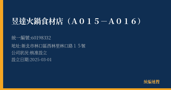 昱達火鍋食材店(A015-A016)的照片-統編 60198332(新北市) 公司登記資料與營業項目詳細圖表