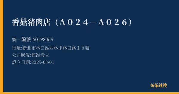 香菇豬肉店(A024-A026)的照片-統編 60198369(新北市) 公司登記資料與營業項目詳細圖表