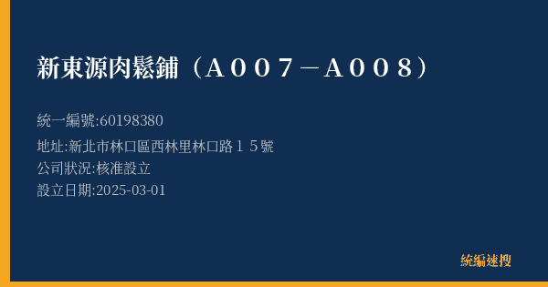新東源肉鬆鋪(A007-A008)的照片-統編 60198380(新北市) 公司登記資料與營業項目詳細圖表
