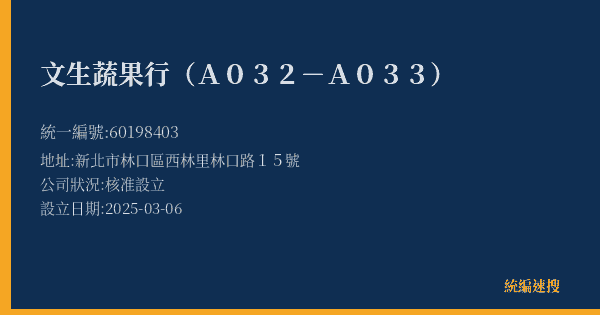 文生蔬果行(A032-A033)的照片-統編 60198403(新北市) 公司登記資料與營業項目詳細圖表