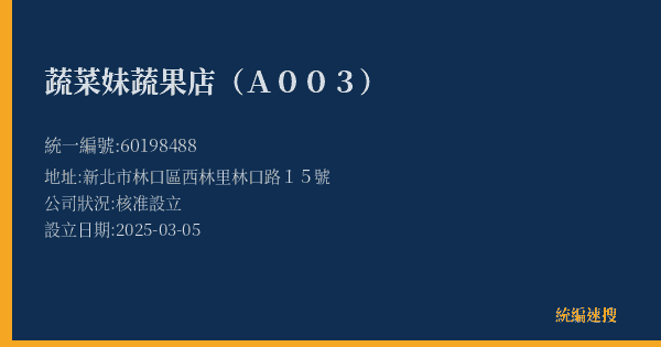 蔬菜妹蔬果店(A003)的照片-統編 60198488(新北市) 公司登記資料與營業項目詳細圖表