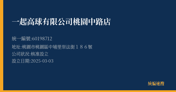 一起高球有限公司桃園中路店的照片-統編 60198712(桃園市) 公司登記資料與營業項目詳細圖表