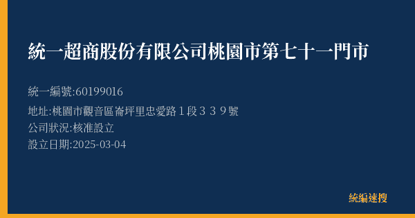 統一超商股份有限公司桃園市第七十一門市的照片-統編 60199016(桃園市) 公司登記資料與營業項目詳細圖表