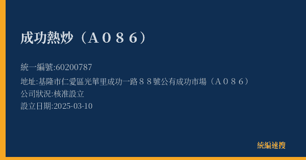 成功熱炒(A086)的照片-統編 60200787(基隆市) 公司登記資料與營業項目詳細圖表