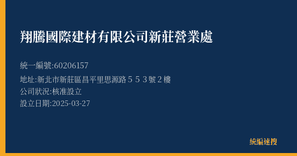 翔騰國際建材有限公司新莊營業處的照片-統編 60206157(新北市) 公司登記資料與營業項目詳細圖表