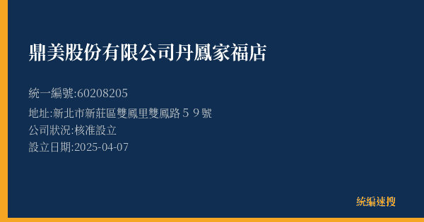 鼎美股份有限公司丹鳳家福店的照片-統編 60208205(新北市) 公司登記資料與營業項目詳細圖表