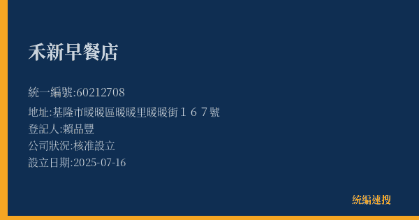 禾新早餐店的照片-統編 60212708(基隆市) 公司登記資料與營業項目詳細圖表