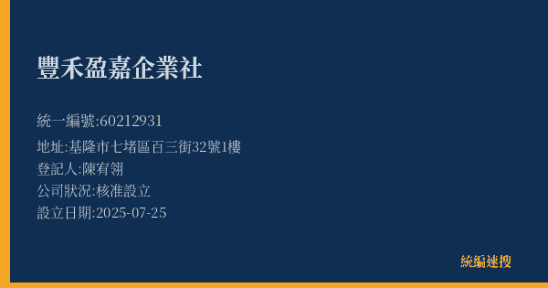 豐禾盈嘉企業社的照片-統編 60212931(基隆市) 公司登記資料與營業項目詳細圖表