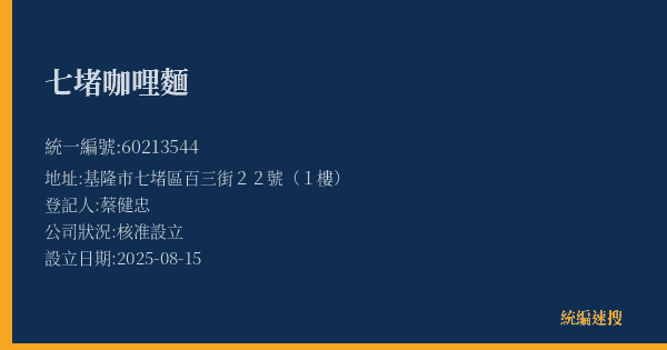 七堵咖哩麵的照片-統編 60213544(基隆市) 公司登記資料與營業項目詳細圖表