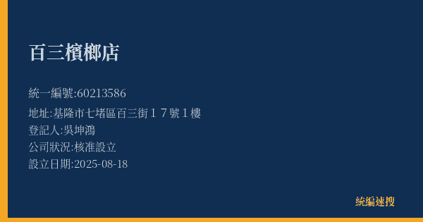 百三檳榔店的照片-統編 60213586(基隆市) 公司登記資料與營業項目詳細圖表