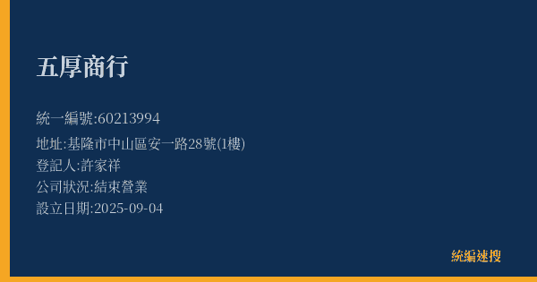 五厚商行的照片-統編 60213994(基隆市) 公司登記資料與營業項目詳細圖表