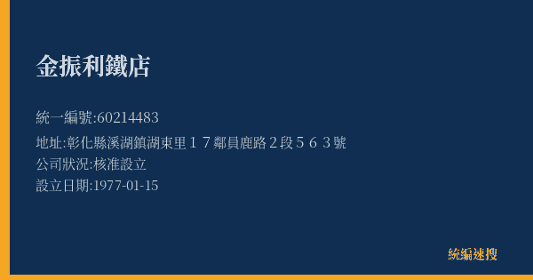 金振利鐵店的照片-統編 60214483(彰化縣) 公司登記資料與營業項目詳細圖表