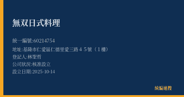 無双日式料理的照片-統編 60214754(基隆市) 公司登記資料與營業項目詳細圖表