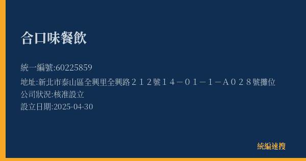 合口味餐飲的照片-統編 60225859(新北市) 公司登記資料與營業項目詳細圖表