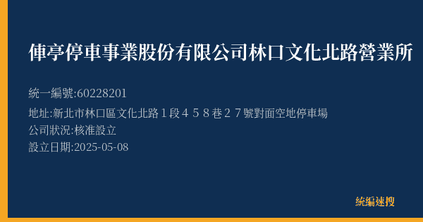 俥亭停車事業股份有限公司林口文化北路營業所的照片-統編 60228201(新北市) 公司登記資料與營業項目詳細圖表